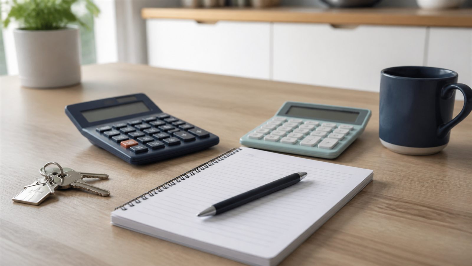 Kitchen table with two calculators, keys and a notepad