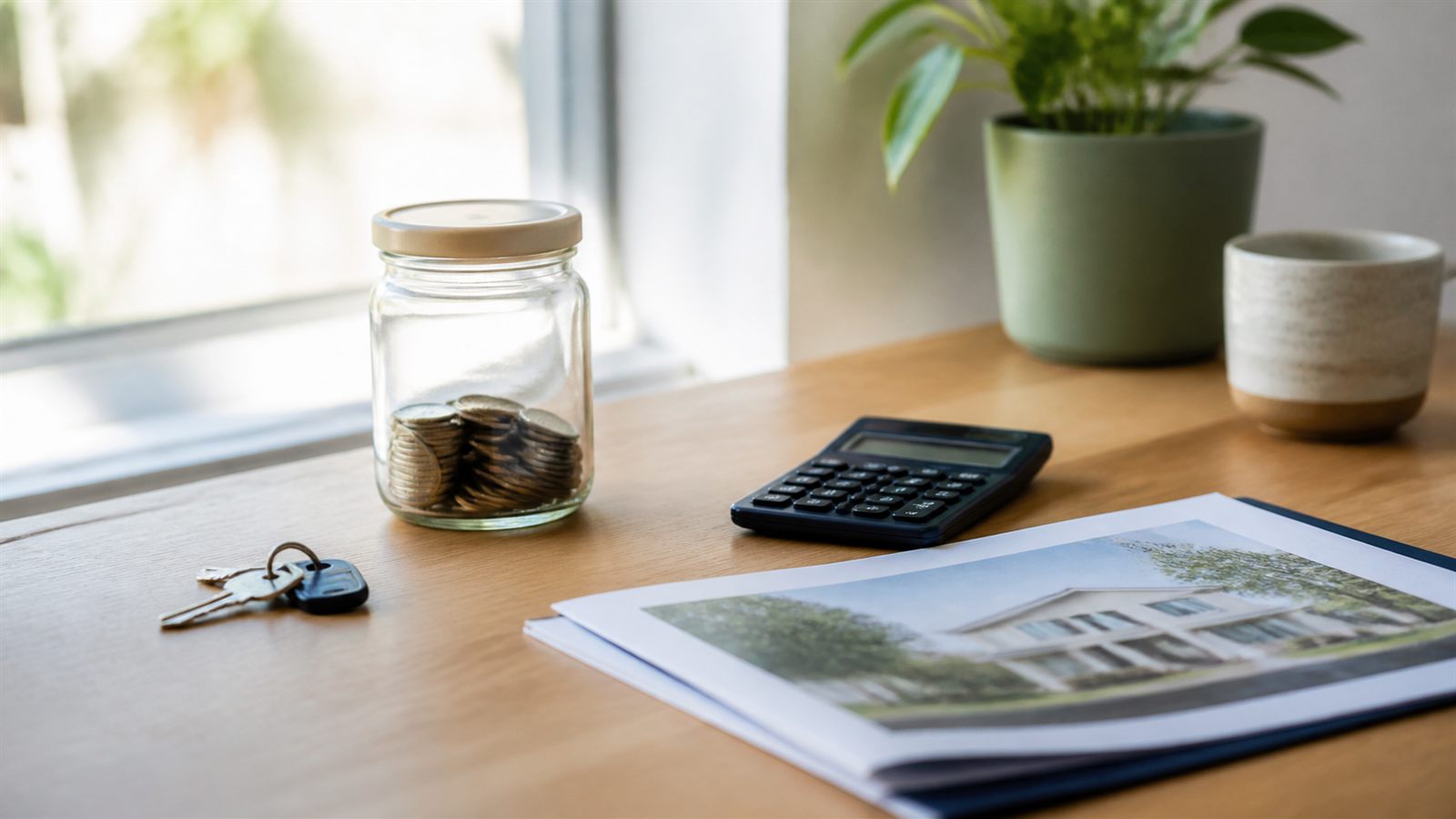 House keys, savings jar, calculator and property papers on a table