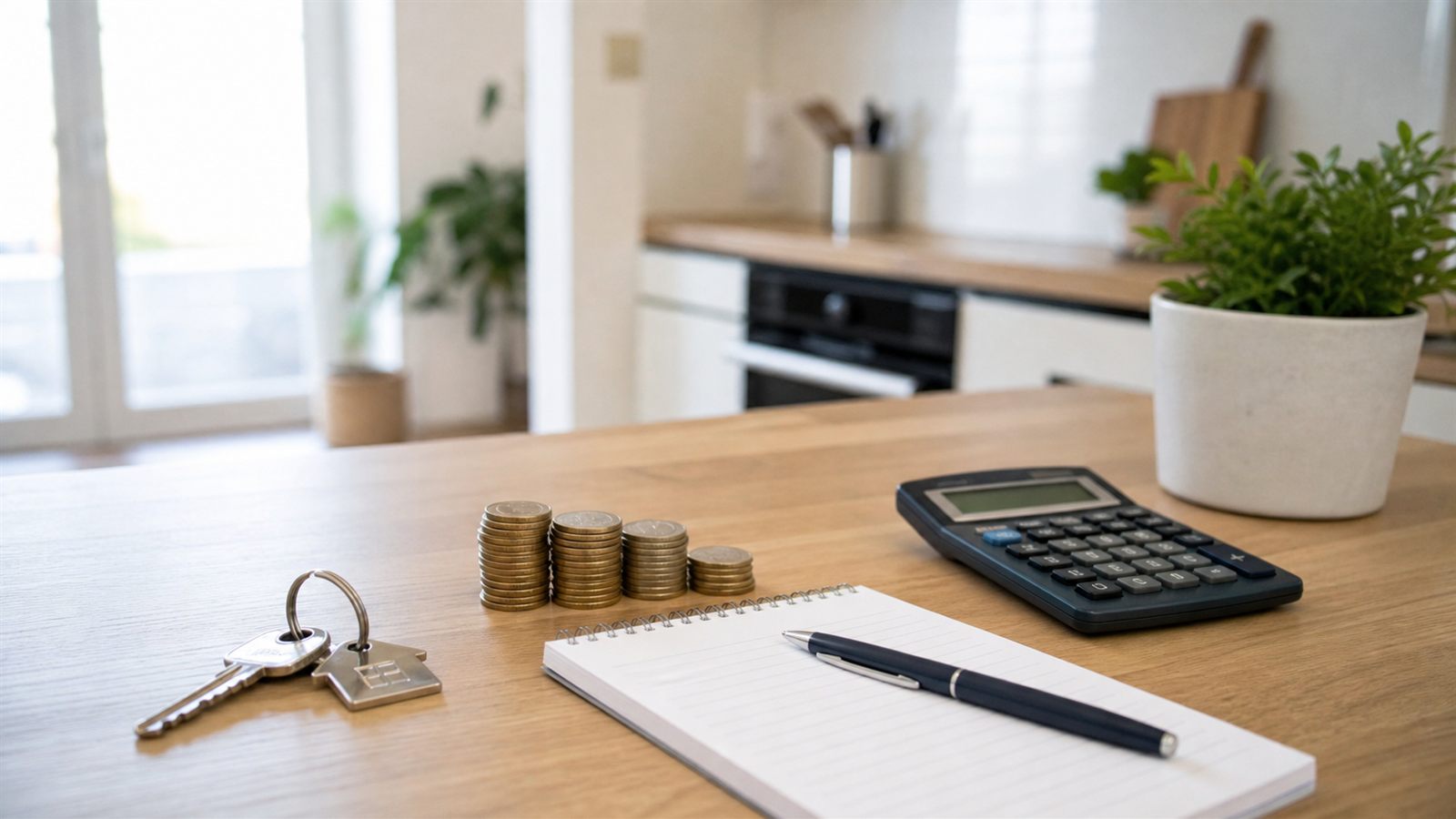 House keys, coins, calculator and notebook on a kitchen bench
