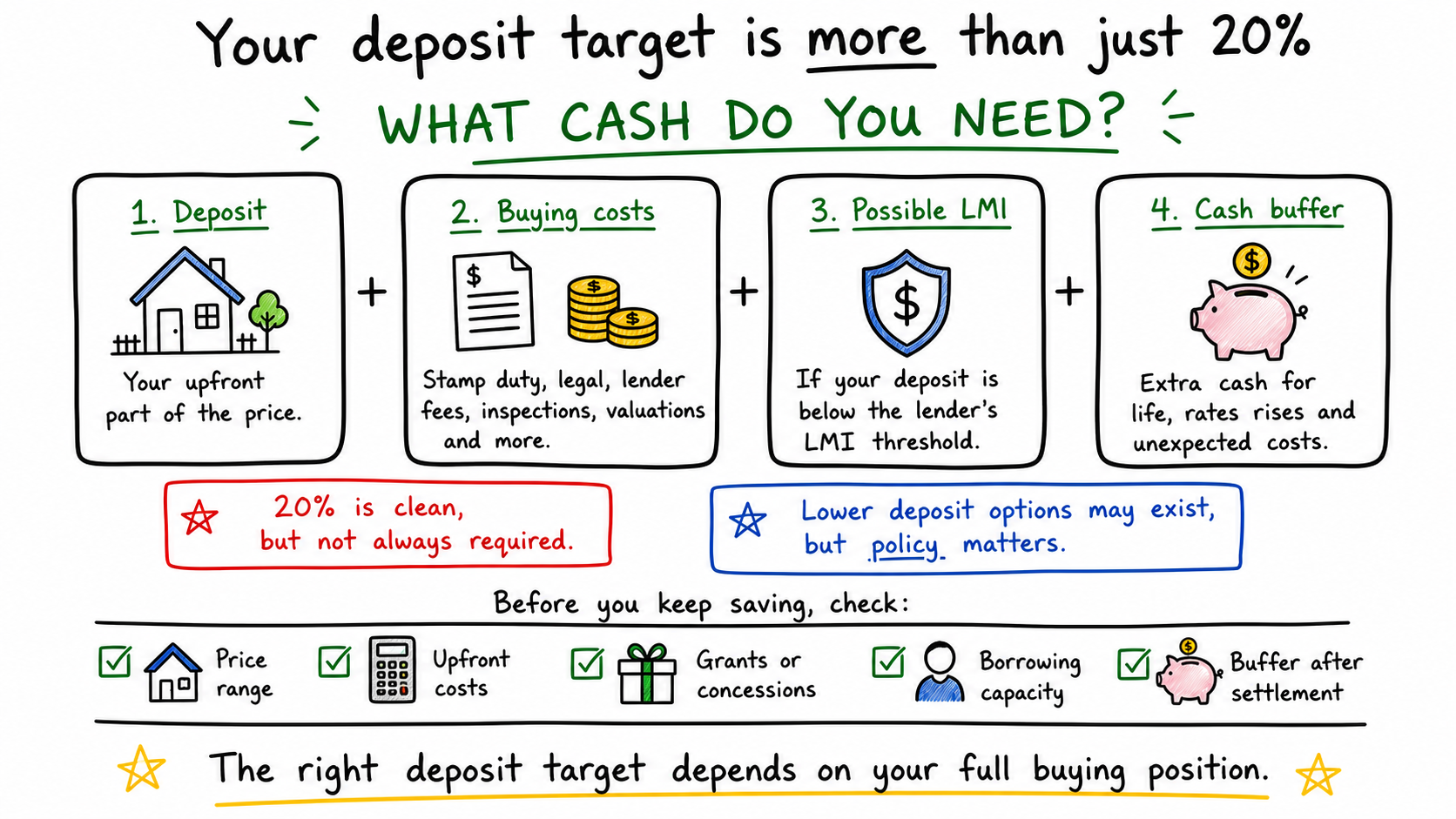 Whiteboard diagram showing deposit, buying costs, possible LMI and cash buffer as parts of a first home buyer deposit target