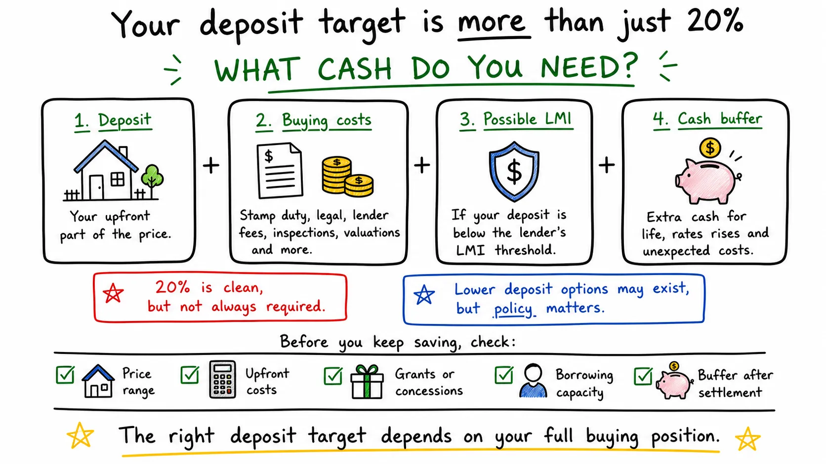 Whiteboard diagram showing deposit, buying costs, possible LMI and cash buffer as parts of a first home buyer deposit target