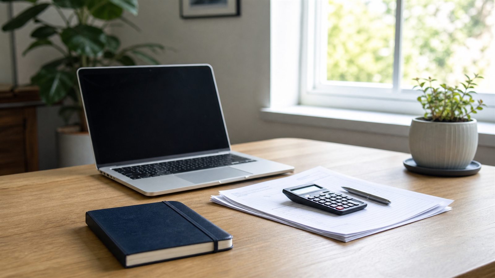 Home office desk with laptop, calculator and business documents