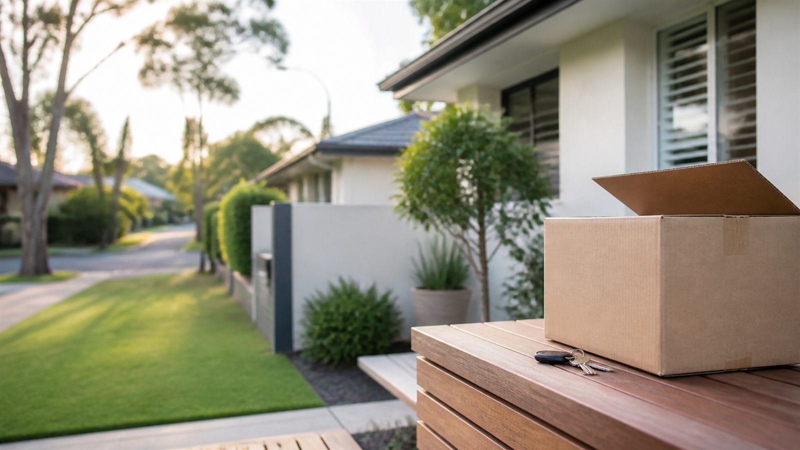 Moving box and house keys outside a suburban home